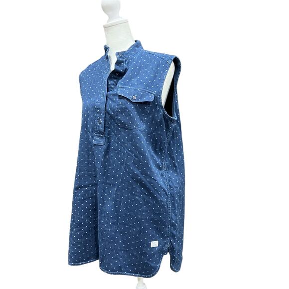 LRL Lauren Jeans Tunic Shirt Women S Sleeveless Polka Dot Denim Button Chambray - Picture 1 of 16
